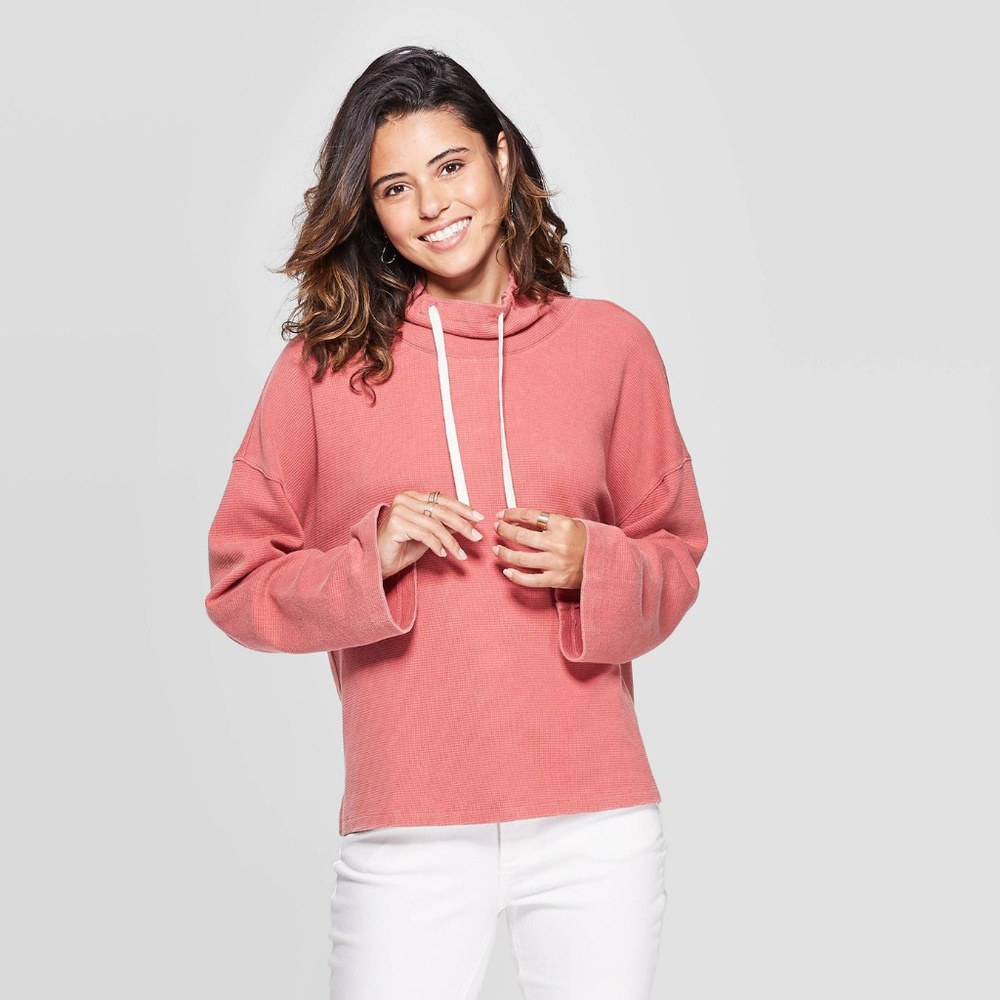 Long Sleeve Mock Turtleneck Waffle Sweatshirt